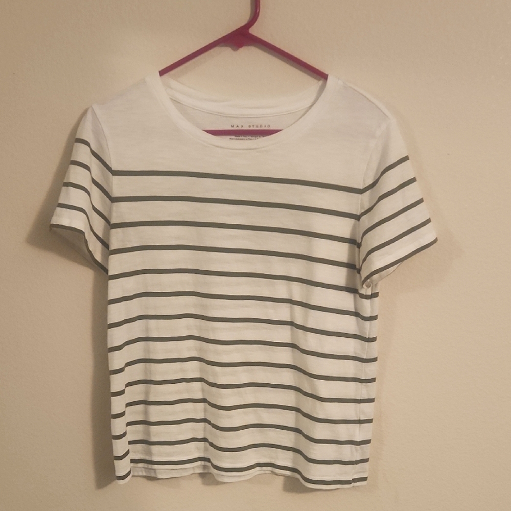 Max Studio White & Olive Striped Shirt Size M